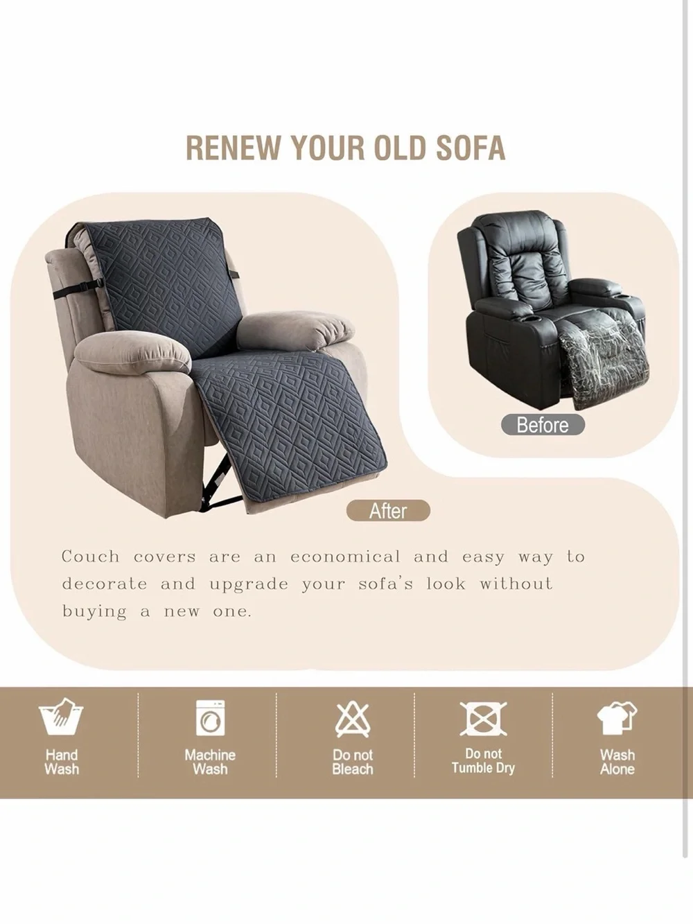 Genina Waterproof Oversized Quilted Recliner Cover 28'' / Dark Grey